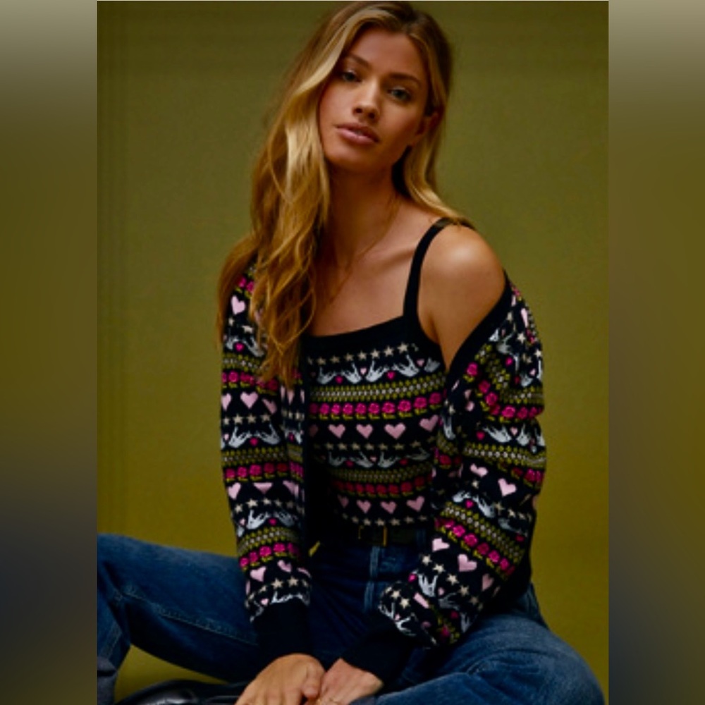 Anthropologie Black Sweater Cardigan with Pink and Green Fair Isle Pattern